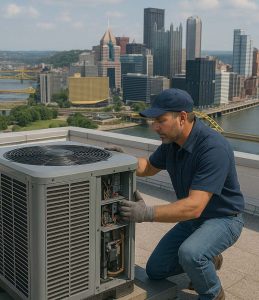 commercial HVAC installer from Spurk HVAC on top of a building overlooking the Pittsburgh skyline