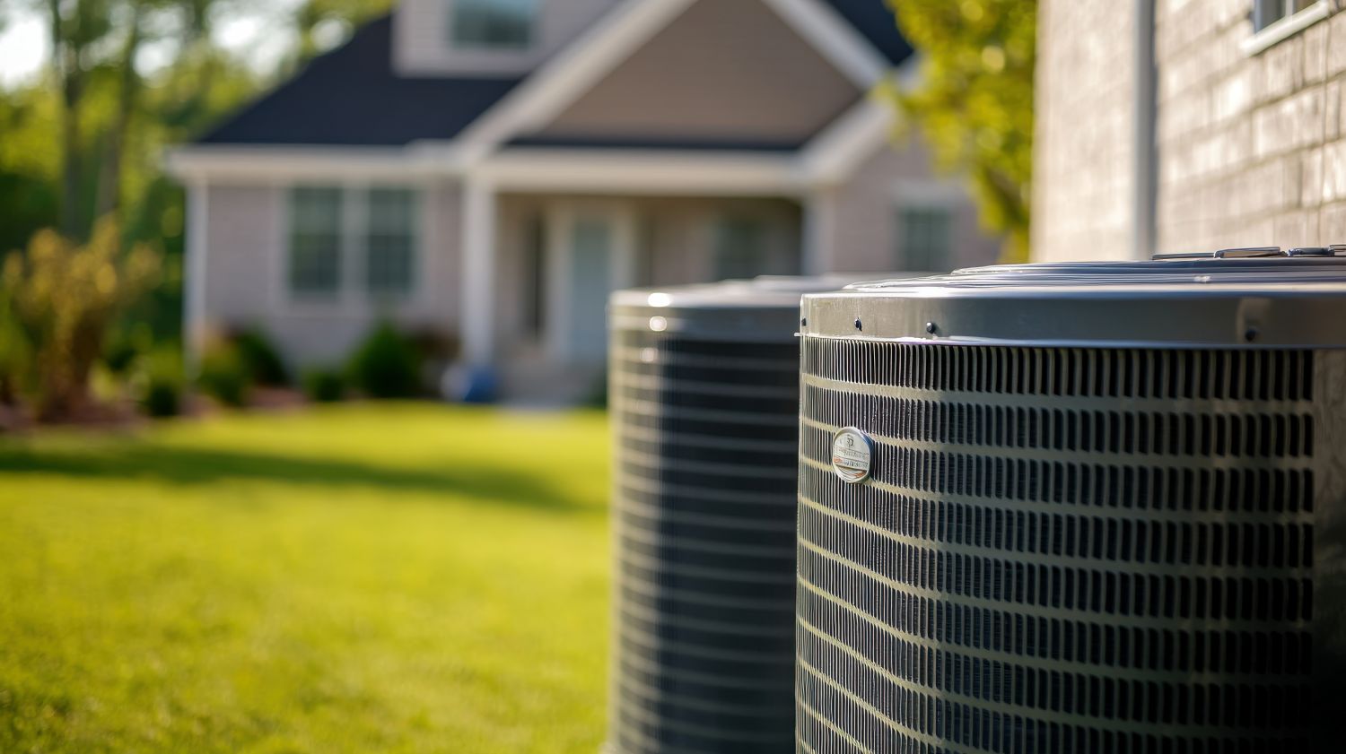 Outdoor heat pump unit outside of a suburban home.