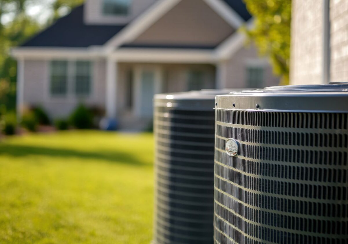 Outdoor heat pump unit outside of a suburban home.