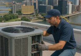 commercial HVAC installer from Spurk HVAC on top of a building overlooking the Pittsburgh skyline